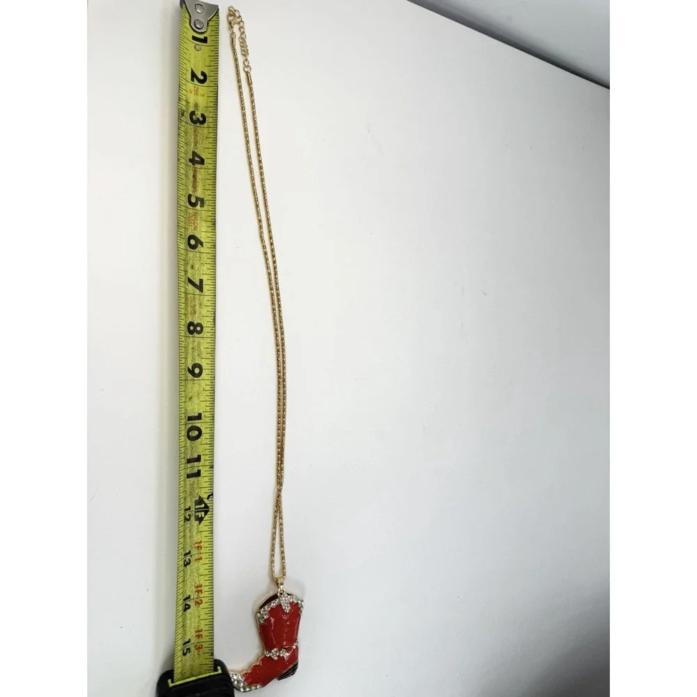 Cowgirl Boot Red Enamel Rhinestone Pendant Gold Tone Necklace Western Rodeo